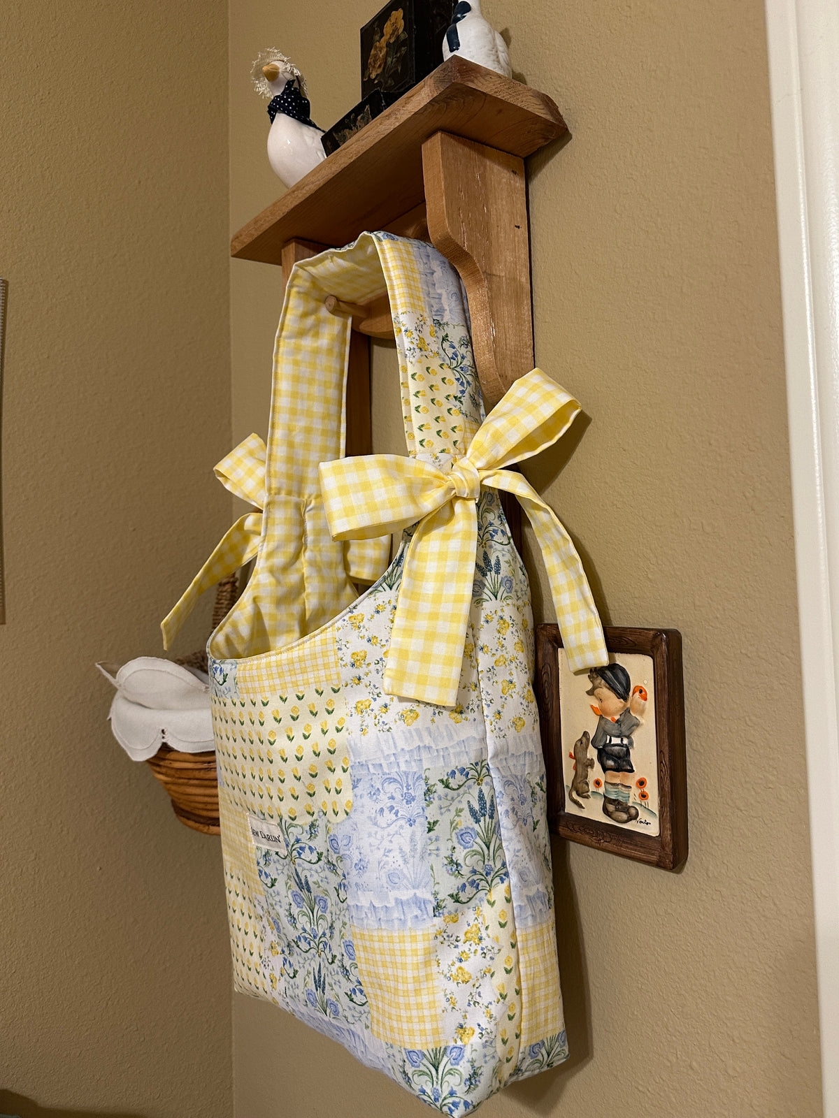 Patched-Plaid Yellow Bow Tote