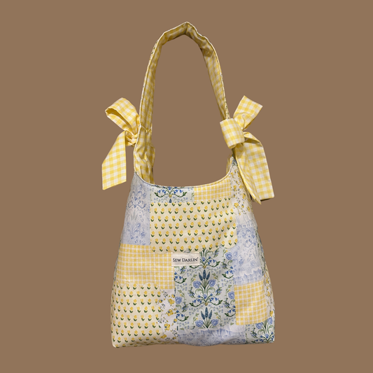 Patched-Plaid Yellow Bow Tote
