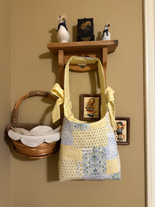 Patched-Plaid Yellow Bow Tote